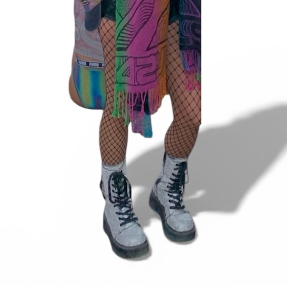 Demonia Glittery Silver Combat Boots - Picture 2 of 4